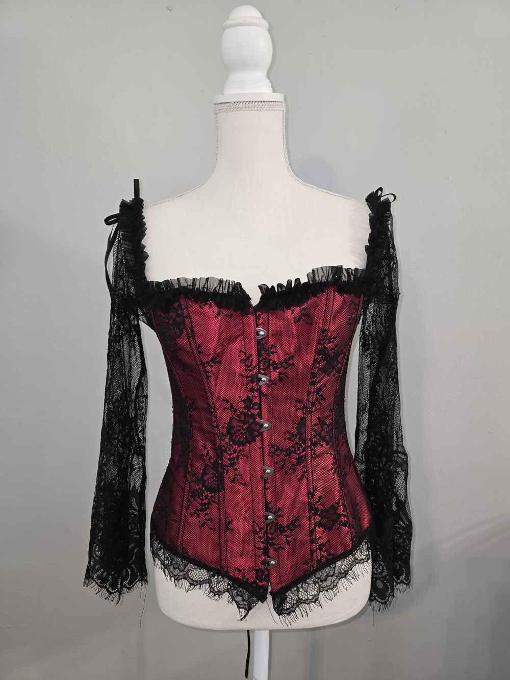 Red Satin Corset with Black Lace Sleeves